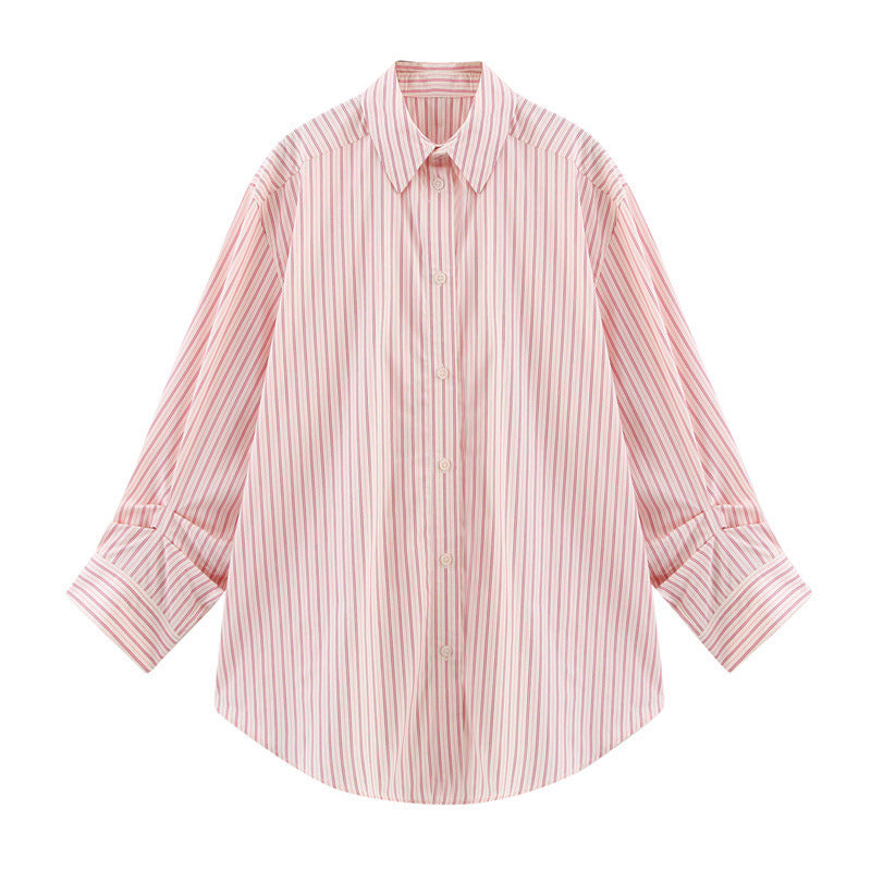 Oumeitong Diligent Style Loose All-matching Striped Lapel Long Sleeve Shirt