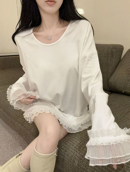 Korean Style Sweet Lace Hemline Stitching Dralon Long Sleeve Top