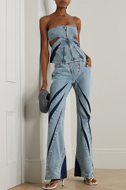 Color Contrast Patchwork Tube Top Three-dimensional Elastic Washed Jeans Two-piece Set