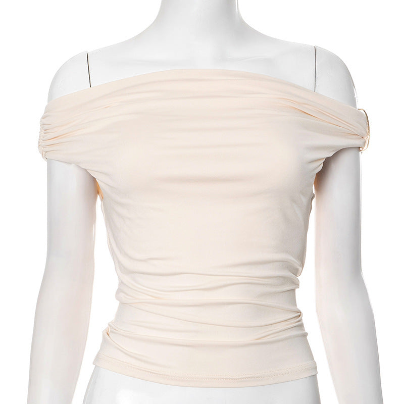Women's Solid Color Pleated Off-shoulder Slim Off-shoulder Top