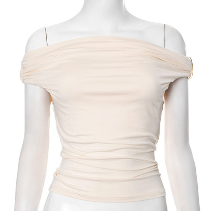 Women's Solid Color Pleated Off-shoulder Slim Off-shoulder Top
