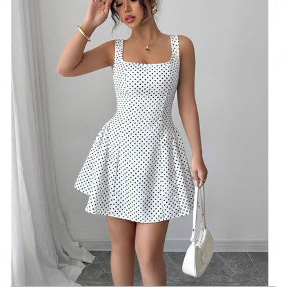 Pure Desire Wind Lace-up Waist Polka Dot Vest Dress