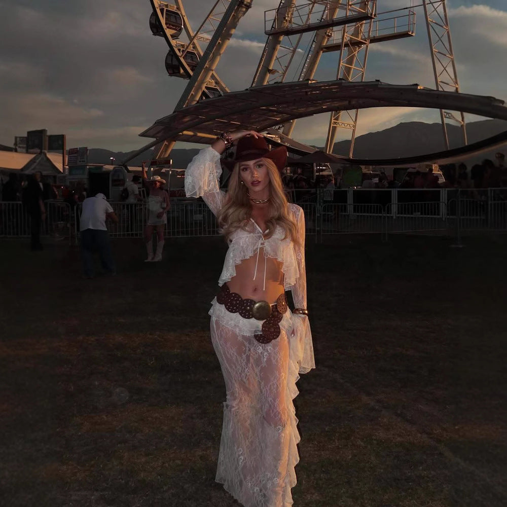 Ruffled Flared Sleeve Lace Navel Sexy Transparent Skirt