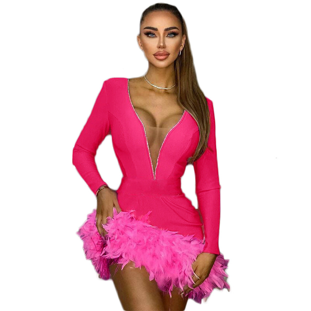 Women's Graceful And Fashionable Feather Bandage V-neck Mesh Long Sleeve Dress