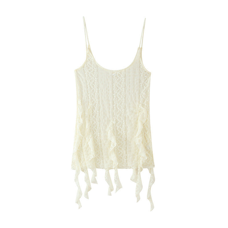 Top And Trousers Two-piece Set With Pointed Lace At Hem