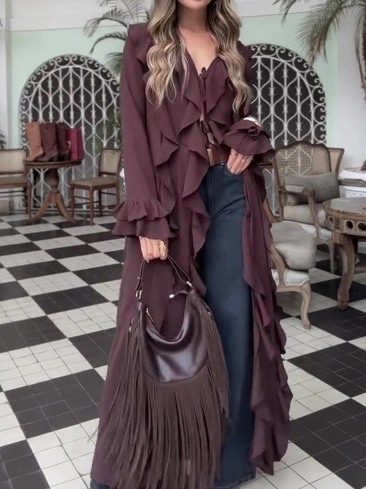 Bohemian Ruffled Long Sleeve Maxi Cardigan Top