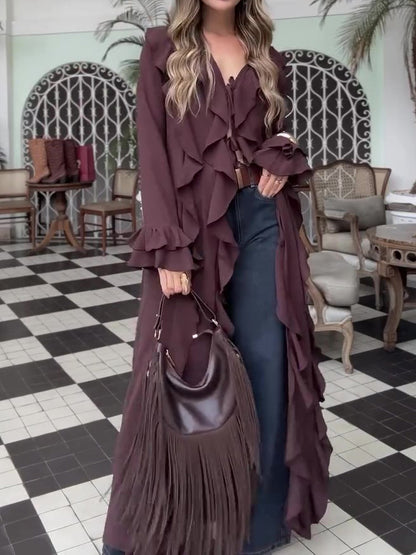 Bohemian Ruffled Long Sleeve Maxi Cardigan Top