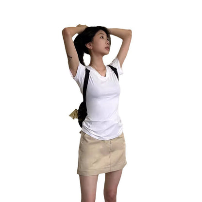 V-neck Shoulder Short Sleeve Waist-controlled Slimming Solid Color Top