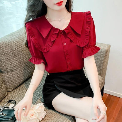 Double Doll Collar Short Sleeve Chiffon Shirt