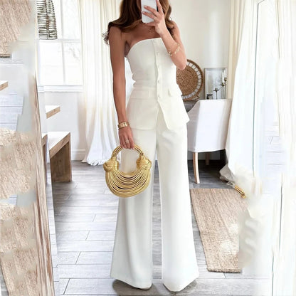 Off-shoulder Sleeveless Single-breasted Slim-fitting Straight Pants Suit