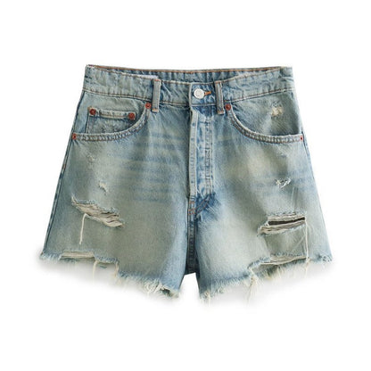 Perforated Hole Decoration High Waist Denim Shorts