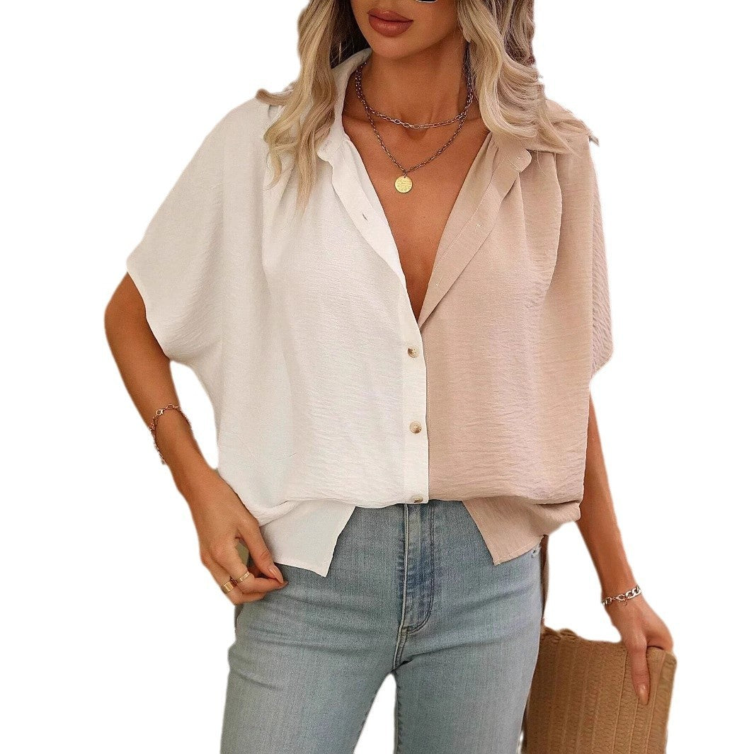 Design Lapel Single Breasted Loose Short Sleeve Split Shirt Top