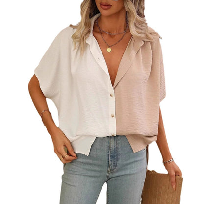Design Lapel Single Breasted Loose Short Sleeve Split Shirt Top