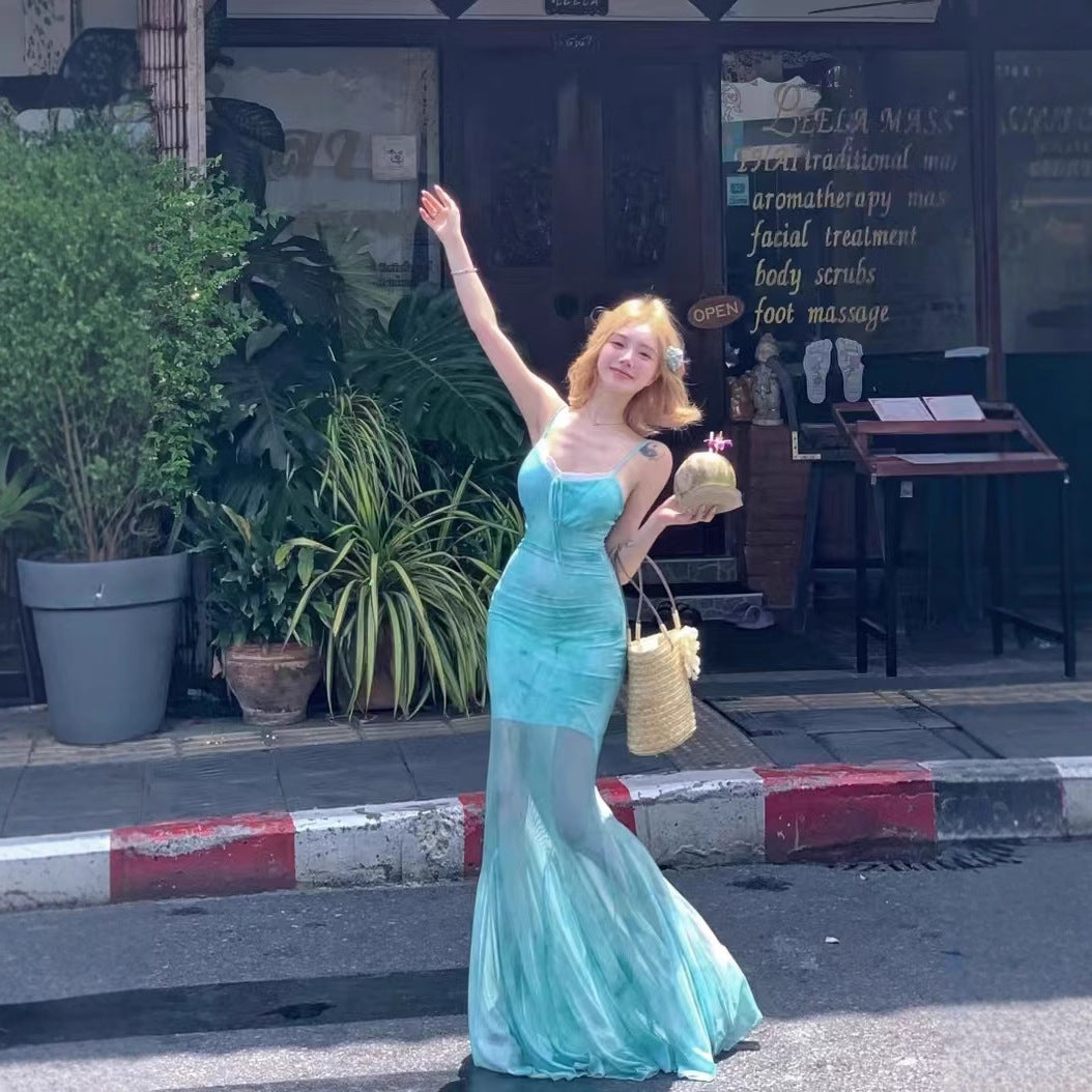 Lace Splicing Sling Vacation Style Slim-fit Fishtail Skirt Cinched Mesh