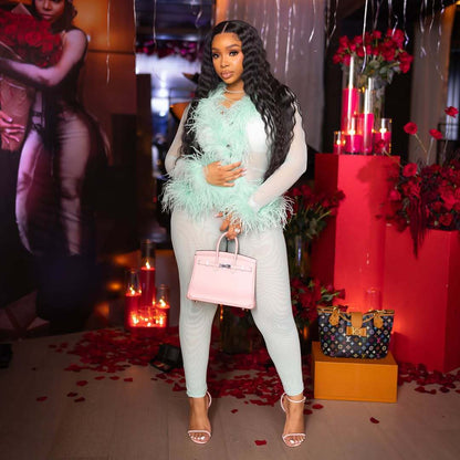 Fur Collar Trendy Lace Up Top Tight Stretch Trousers Suit