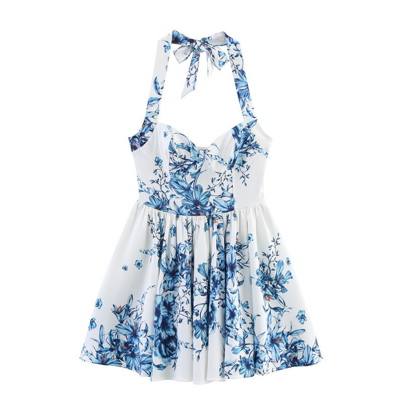 European And American Style Women's Fashion Sexy Hot Girl Printed Halter Dress