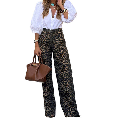 Women's Fashion Temperament Leopard Print Straight Casual Trousers
