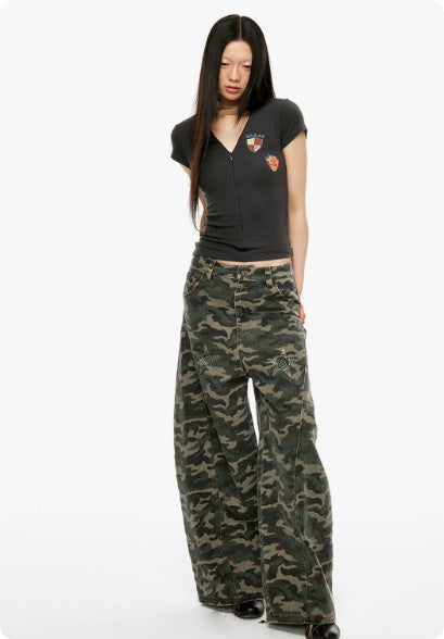 American Retro Jeans Camouflage Washed With Water And Hot Pressed Diamonds For Women