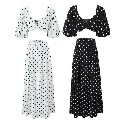Seaside Vacation Sexy Polka Dot Split Top Mid-length Dress Set