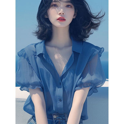 French Style Temperament Blue Puff Sleeve Chiffon Small Shirt