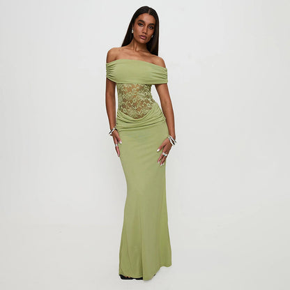 Women's Solid Color Off-the-shoulder Stitching Lace Extra Long Dress