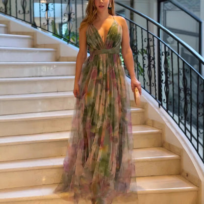 Women's Mesh Floral Print Suspender Dress