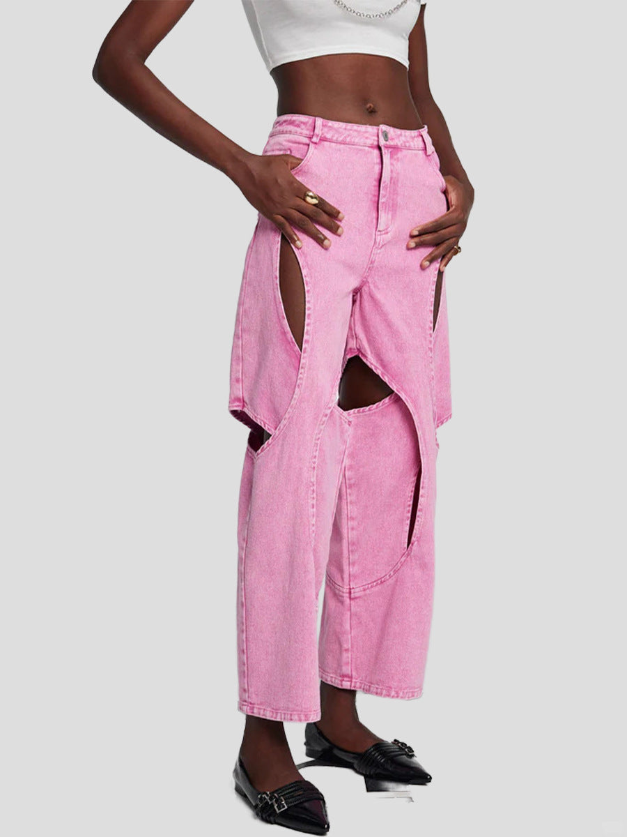 Women's American-style High Street Stitching Hole Worn Jeans