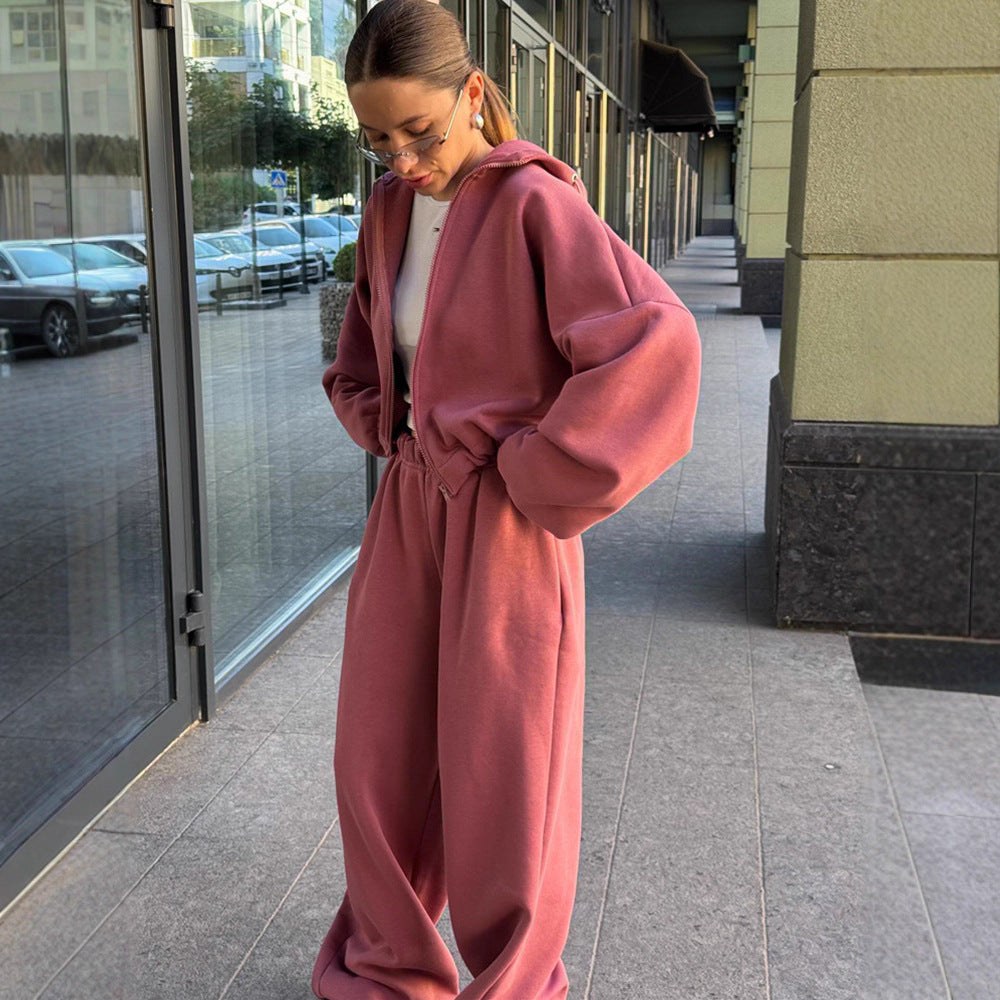 Women's Casual Solid Color Long-sleeved Zipper Sweater Wide-leg Pants Sports Suit
