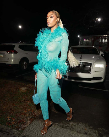 Fur Collar Trendy Lace Up Top Tight Stretch Trousers Suit