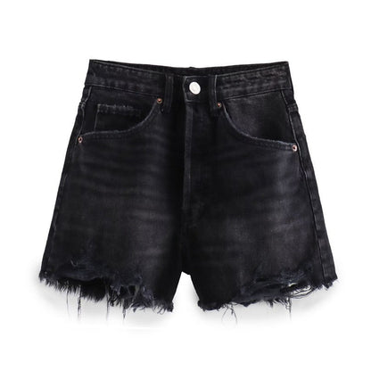 Perforated Hole Decoration High Waist Denim Shorts