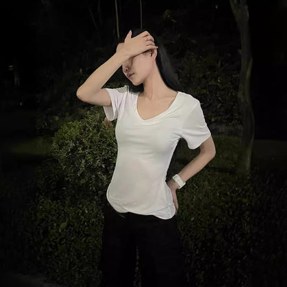 V-neck Shoulder Short Sleeve Waist-controlled Slimming Solid Color Top