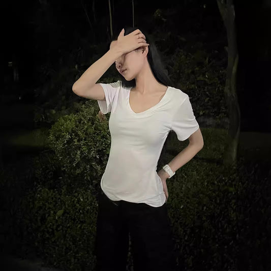 V-neck Shoulder Short Sleeve Waist-controlled Slimming Solid Color Top