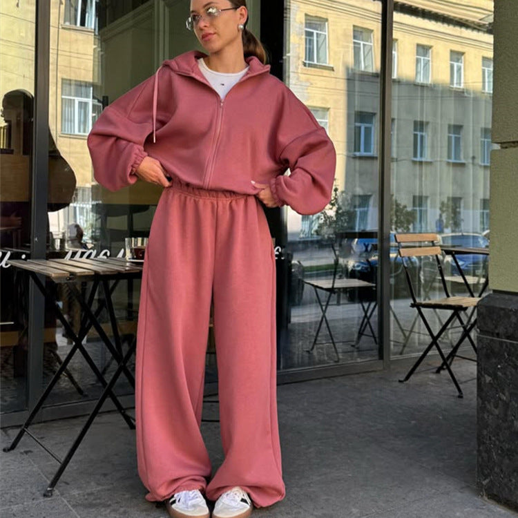 Women's Casual Solid Color Long-sleeved Zipper Sweater Wide-leg Pants Sports Suit