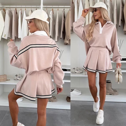 Lapel Sweater Skirt Outfit Women