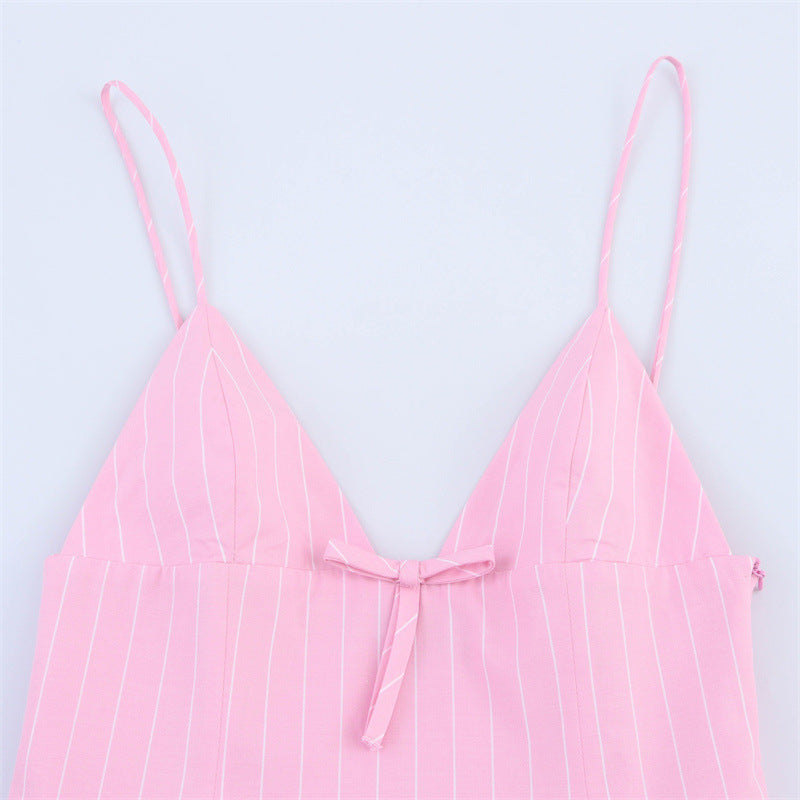 Bow Decoration Striped Short Style Sling Dress