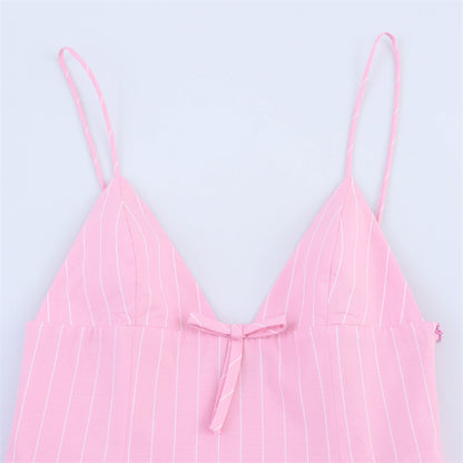 Bow Decoration Striped Short Style Sling Dress