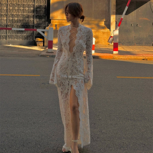 Lace Stitching Fashion Street Slit Long Sleeve Dress