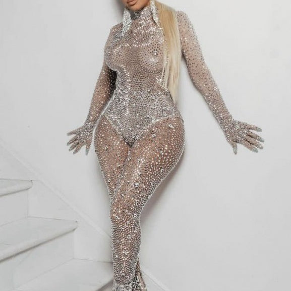 Cross Diamond Stretch Tight Jumpsuit European And American Bar DS Costume Dance