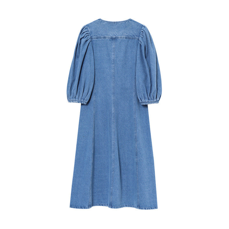 European And American Style Female Temperament Fashion Round Neck Short Sleeves Denim Midi Skirt Dress