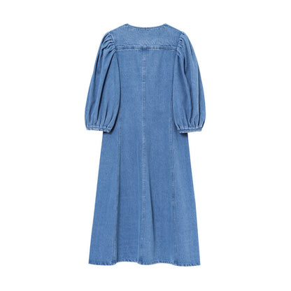 European And American Style Female Temperament Fashion Round Neck Short Sleeves Denim Midi Skirt Dress
