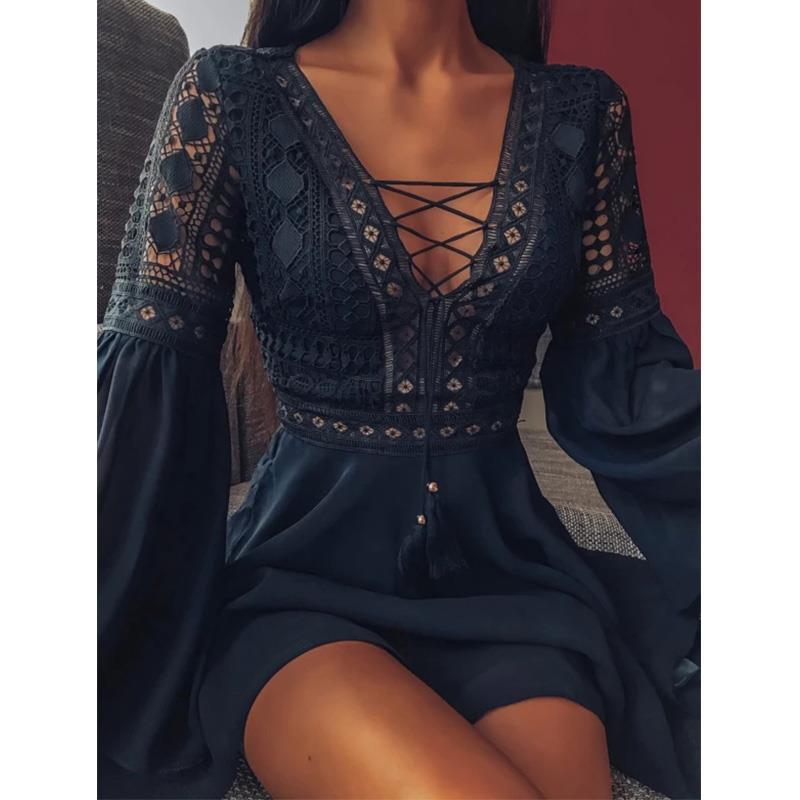 Long Sleeve V-neck Lace Up Hollow Dress Short