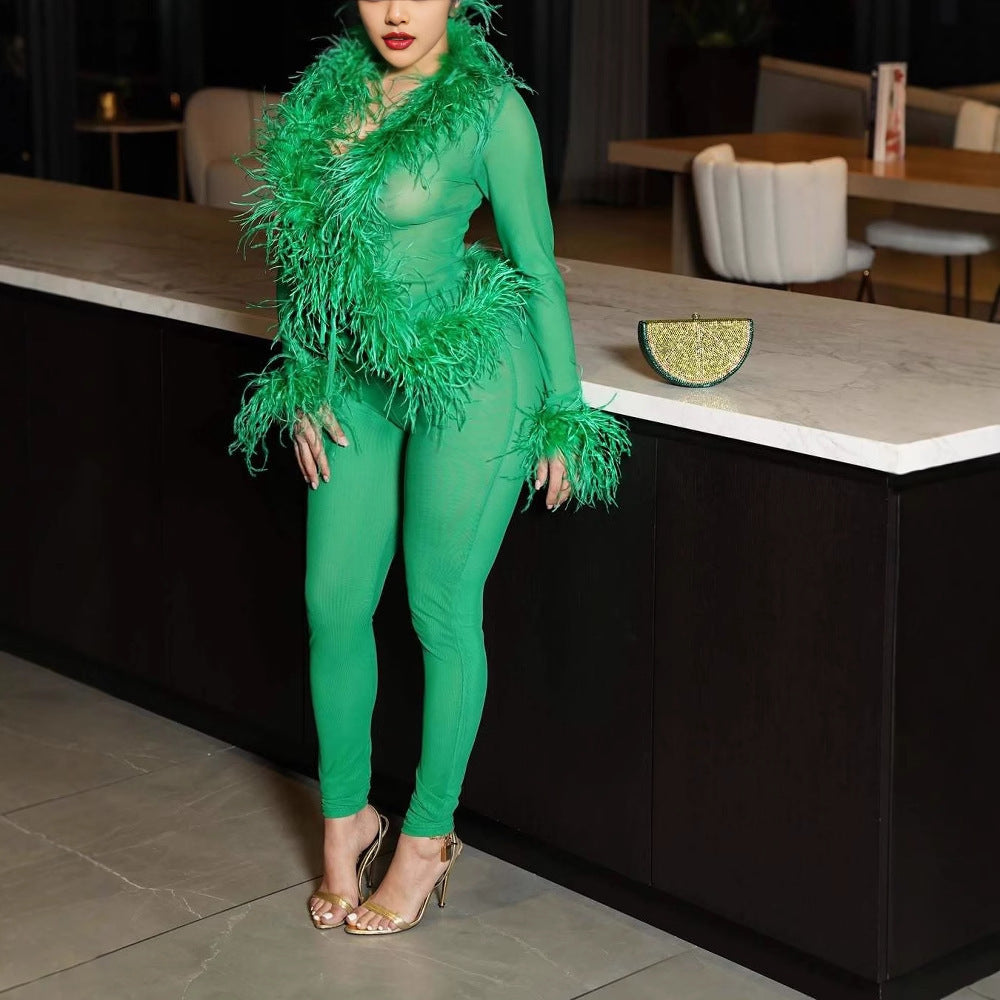 Fur Collar Trendy Lace Up Top Tight Stretch Trousers Suit