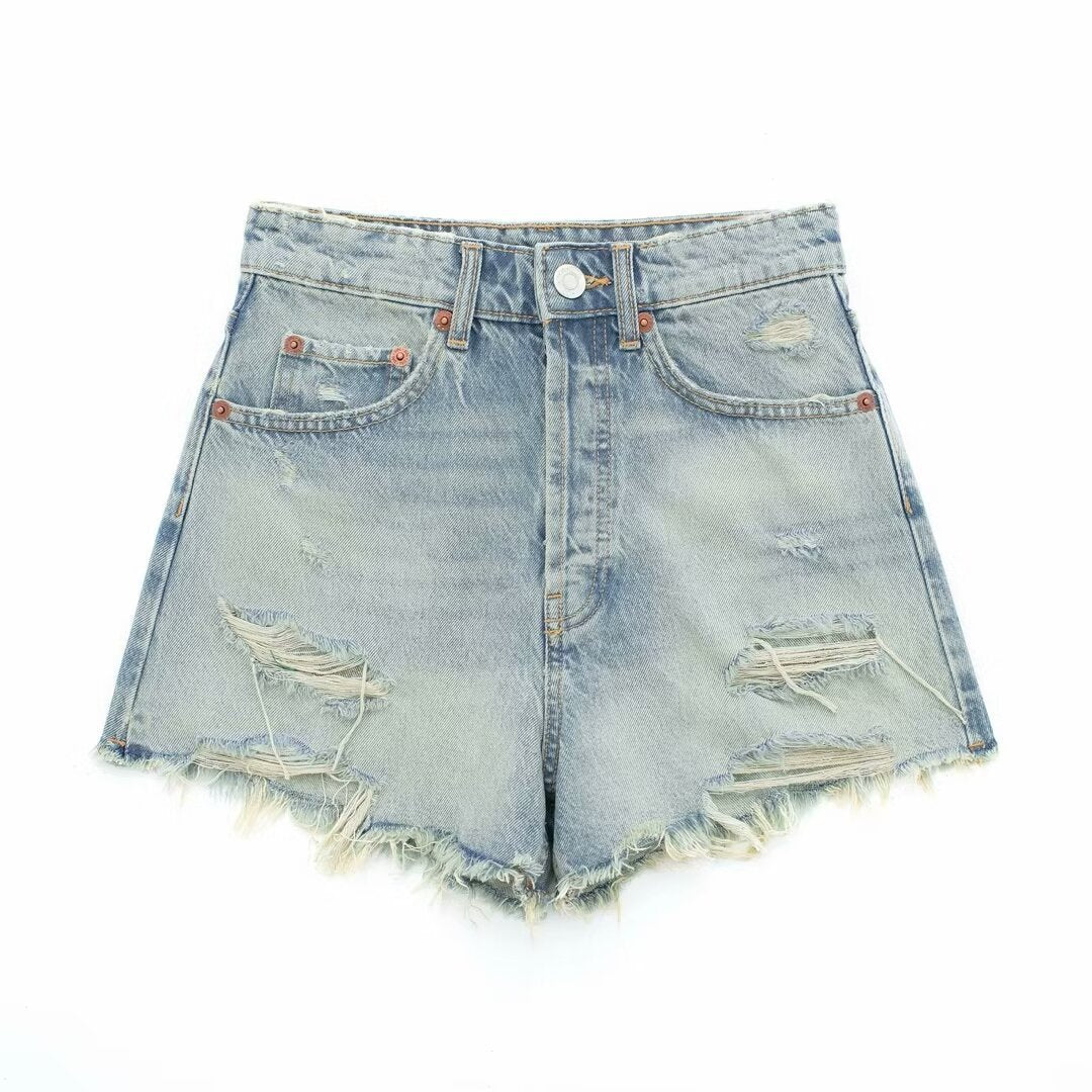 Perforated Hole Decoration High Waist Denim Shorts