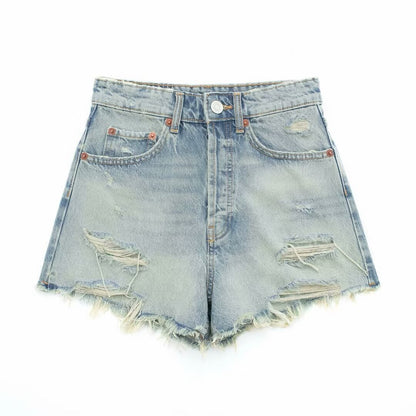 Perforated Hole Decoration High Waist Denim Shorts