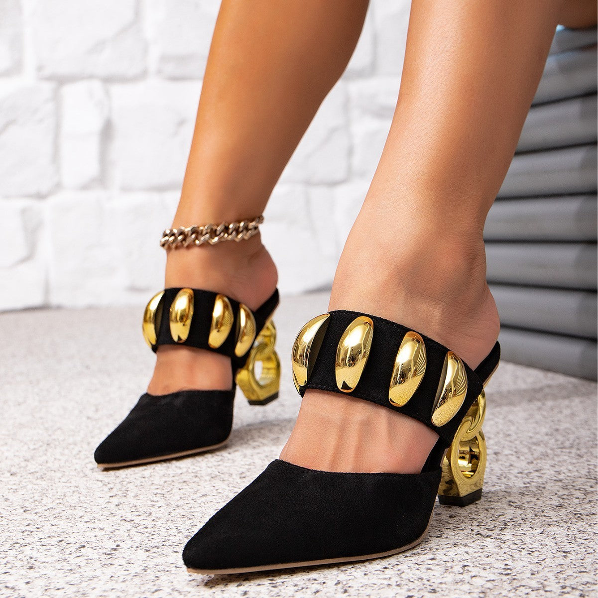 Black High-heeled Sandals Shaped High Heel Gold