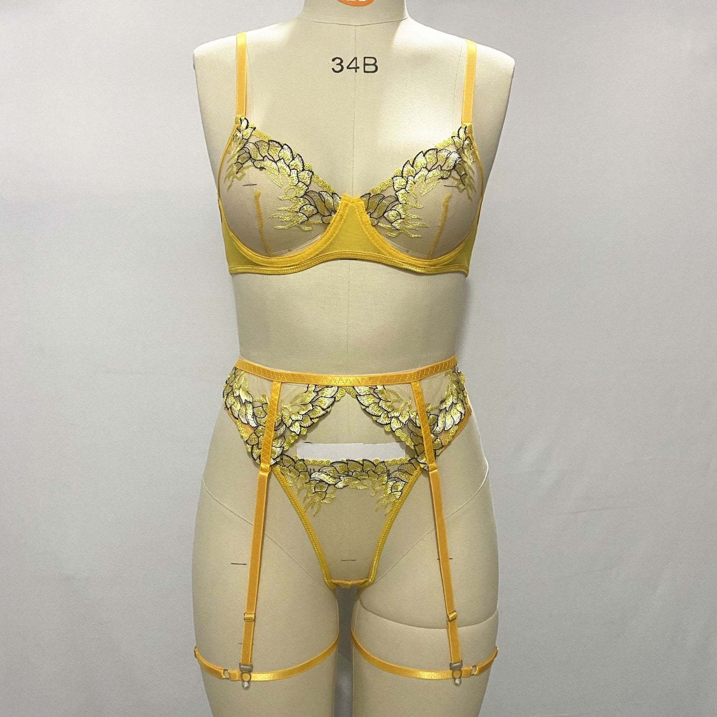 Embroidered See-through Sexy Lingerie 3-piece Bra Set T-back Suit