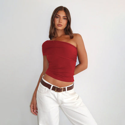 Cloud Sense Oblique Shoulder Fitted Waist Pleated T-shirt