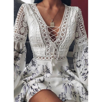 Long Sleeve V-neck Lace Up Hollow Dress Short