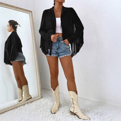 Spring And Autumn Women's V-neck Long Sleeve Fringe Jacket Solid Color Loose Short Coat