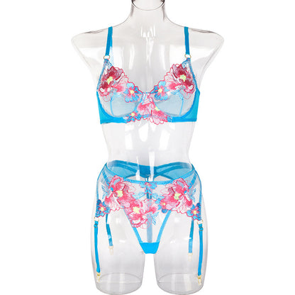 Big Flower Embroidery Stitching Garter Set With Waist Seal